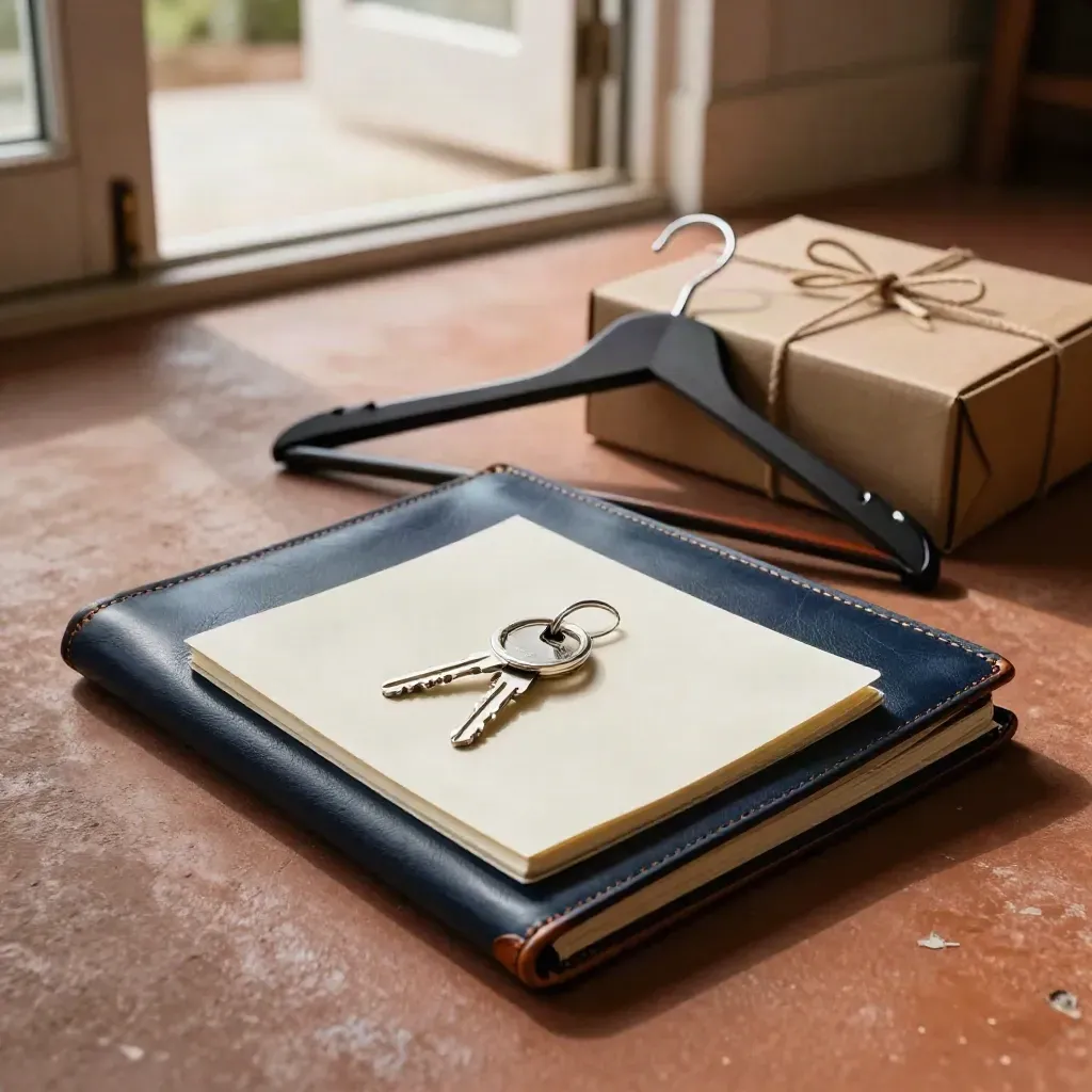 Leren portfolio, notitieboek, sleutelbos, kledinghanger en doos bij een rustige deuropening.