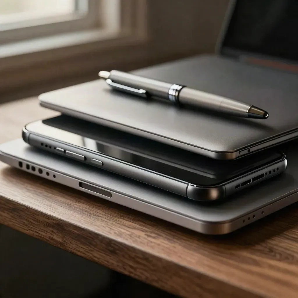 Macrofoto van smartphone, laptop, pen en metalen houder in een warme werksetting.