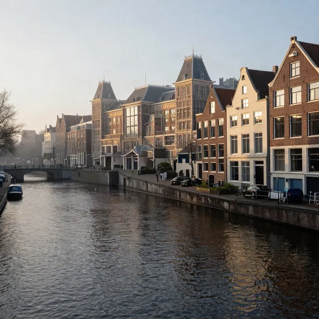 Amsterdamse grachtengordel met het Rijksmuseum in ochtendmist boven rustig water