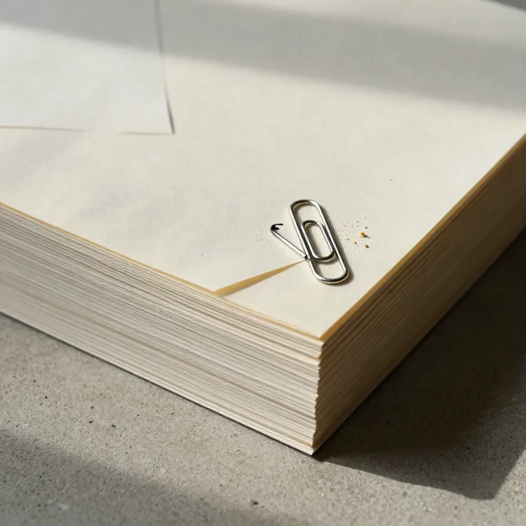 Bovenaanzicht van een gecorrigeerde papierbundel met paperclips en gumkruimels.